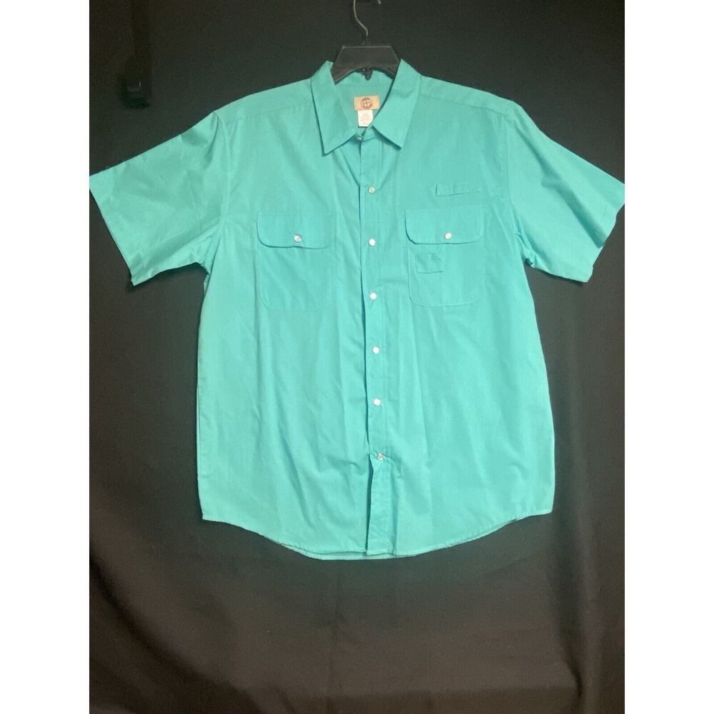 Men's Haband Travelers Pearl Snap Button Up Aqua Green Shirt W/ Pockets Large